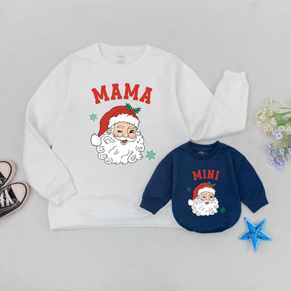 Matching Family Christmas Sweaters, Retro Santa Black & White Design, Personalized MAMA DADA MINI Xmas Gifts, Mommy & Me Outfit