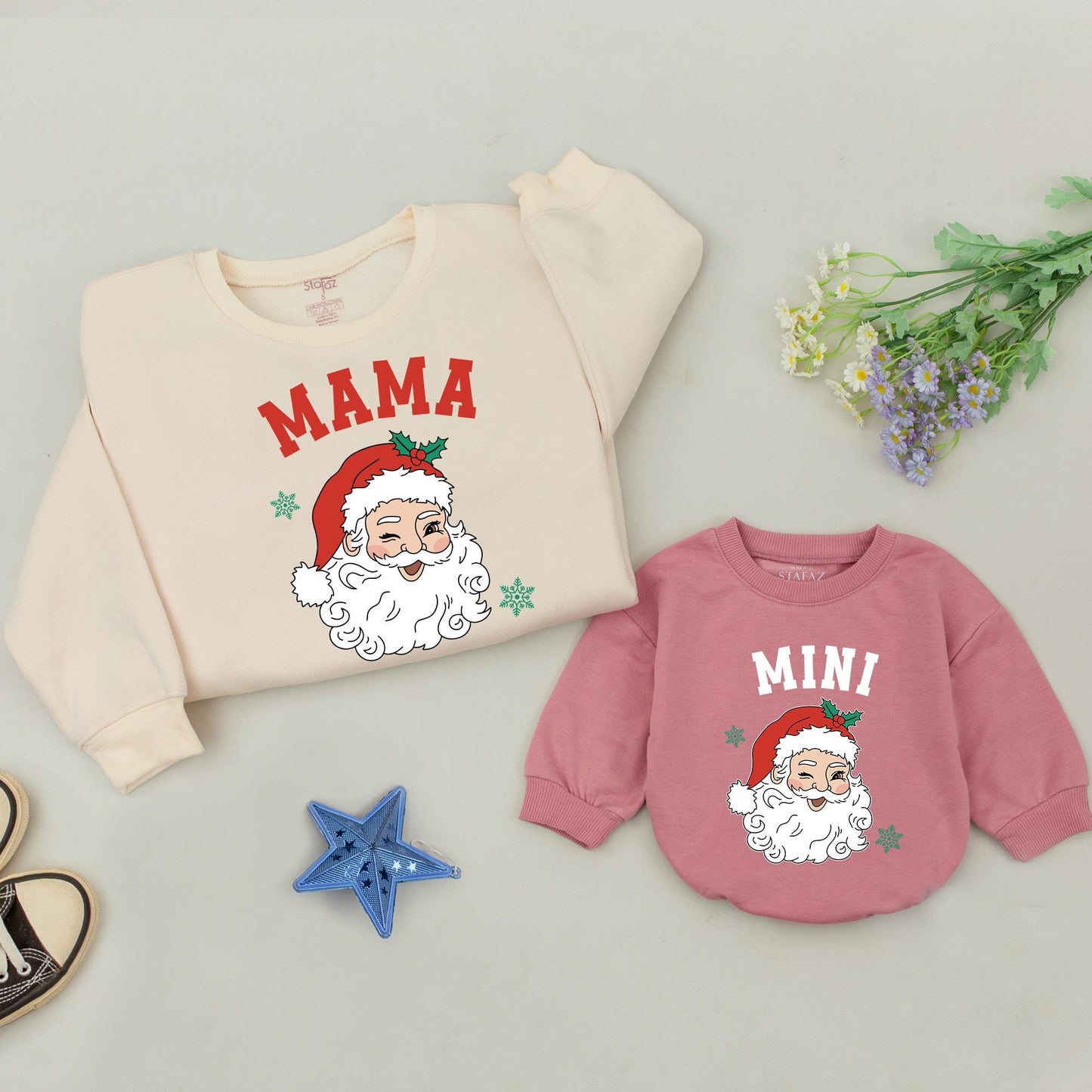 Matching Family Christmas Sweaters, Retro Santa Black & White Design, Personalized MAMA DADA MINI Xmas Gifts, Mommy & Me Outfit