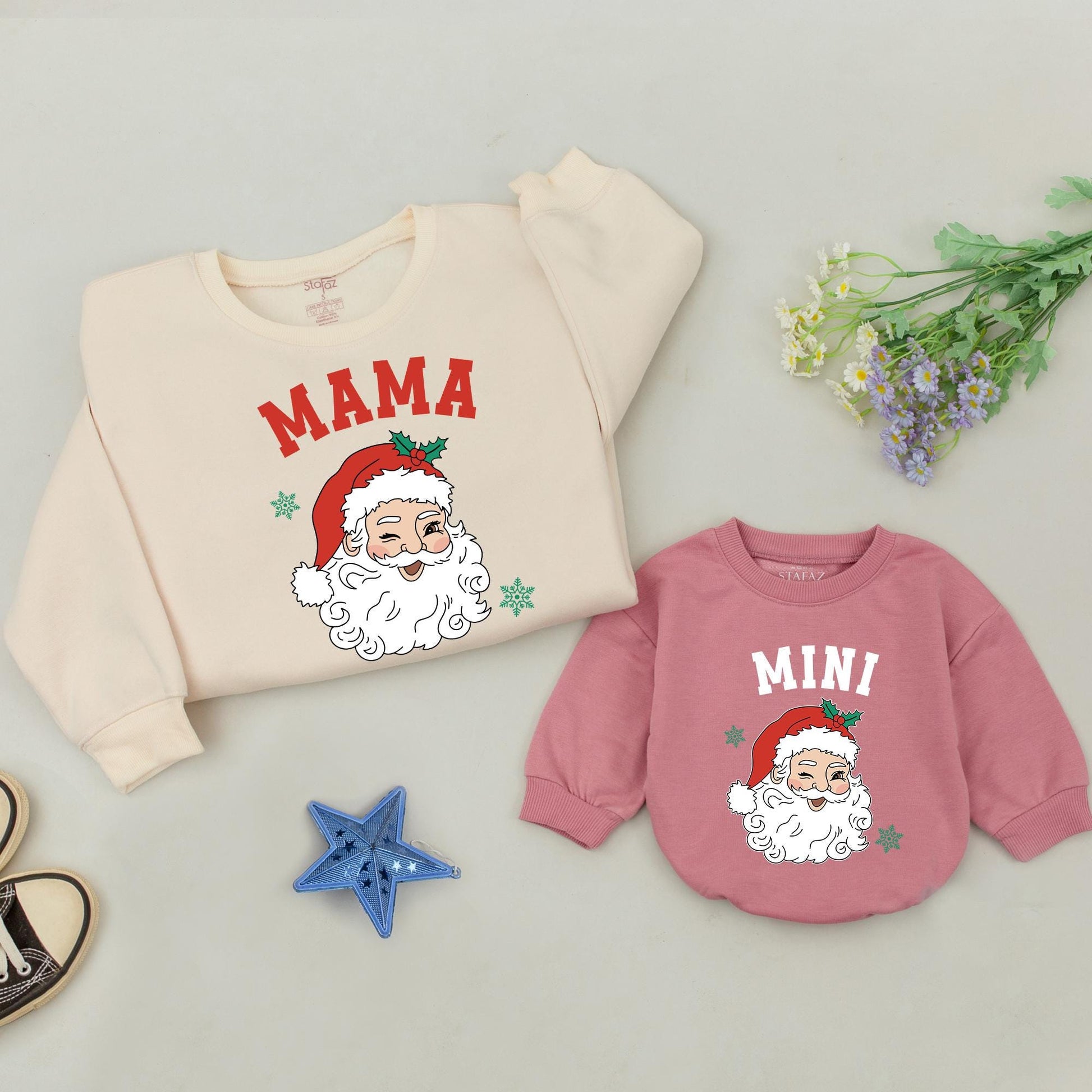 Matching Family Christmas Sweaters, Retro Santa Black & White Design, Personalized MAMA DADA MINI Xmas Gifts, Mommy & Me Outfit