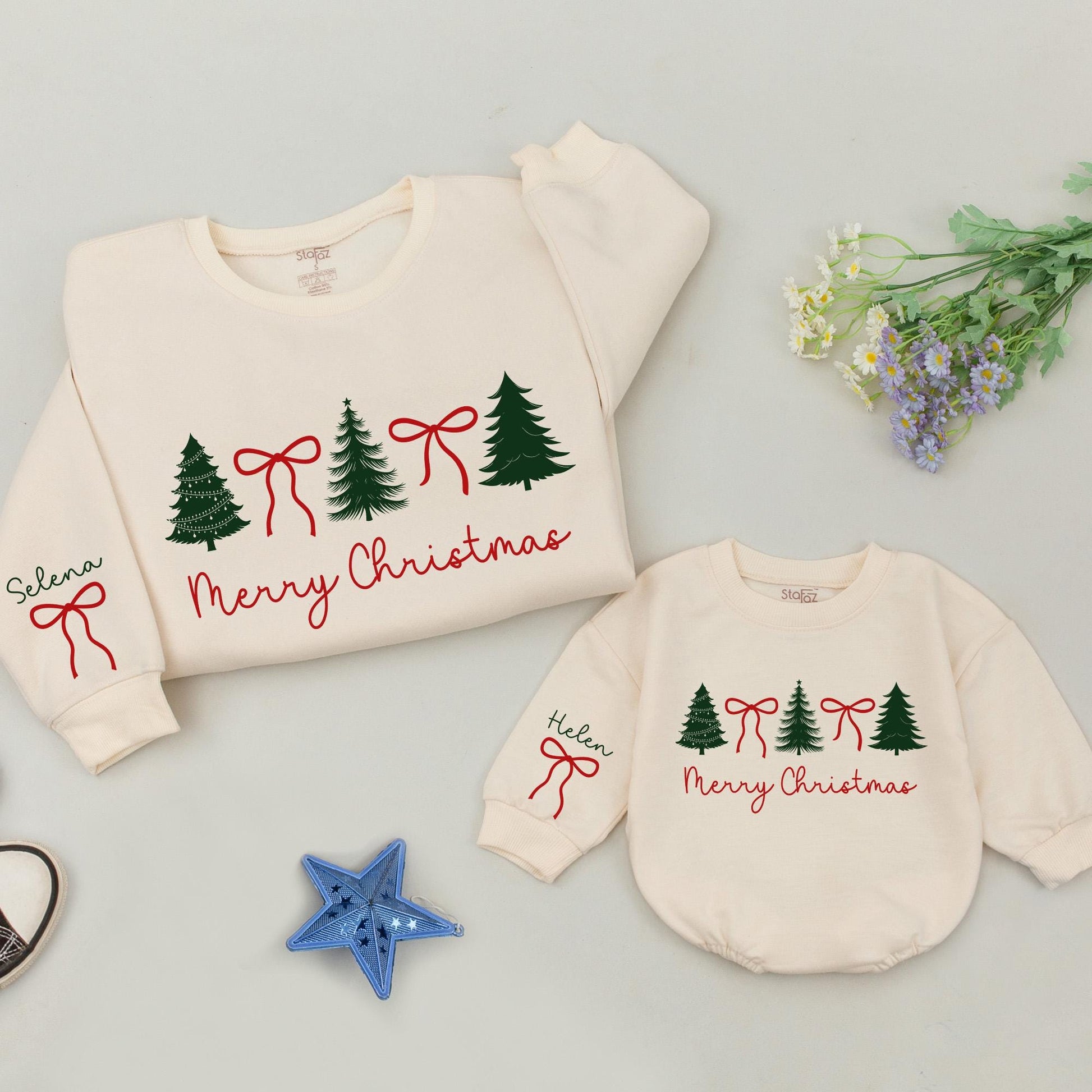 Personalized Family Christmas Tree Sweatshirts Matching Mommy and Me Holiday Pajamas Cozy Winter Sweaters for Mother Daughter Mama & Grandkids Gift