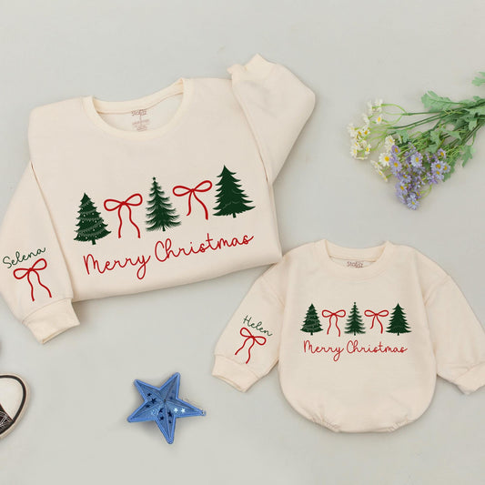 Personalized Family Christmas Tree Sweatshirts Matching Mommy and Me Holiday Pajamas Cozy Winter Sweaters for Mother Daughter Mama & Grandkids Gift