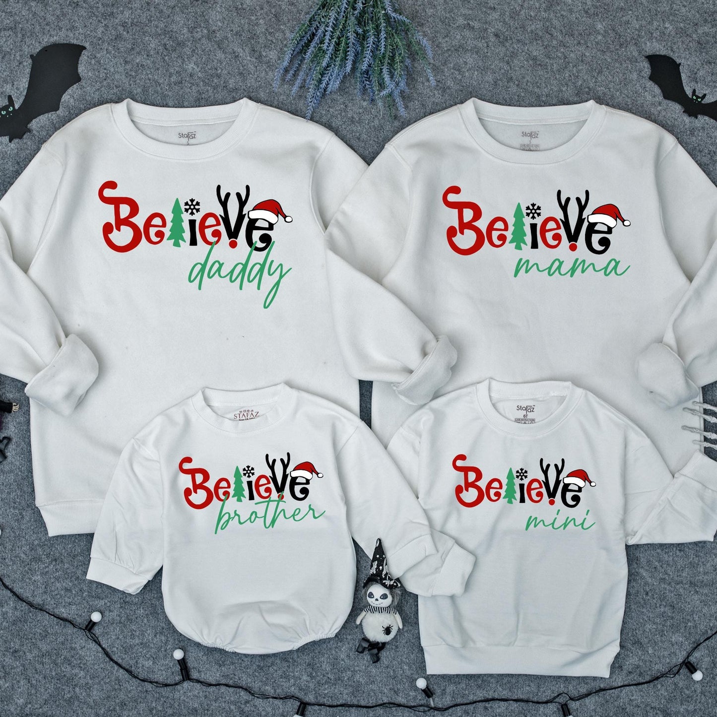 Matching Family Christmas Sweatshirts with 'Believe' for Mama Daddy Brother Mini, a festive retro holiday outfit set for family celebration