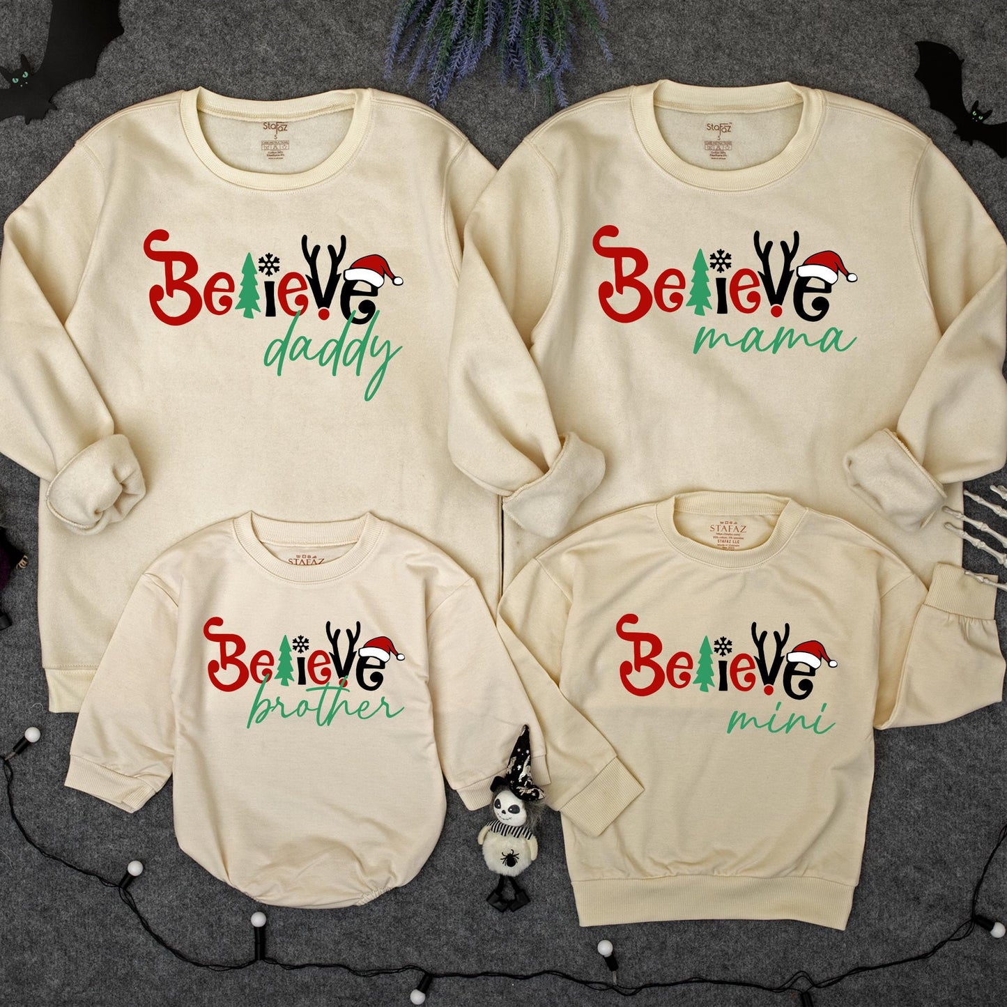 Matching Family Christmas Sweatshirts with 'Believe' for Mama Daddy Brother Mini, a festive retro holiday outfit set for family celebration