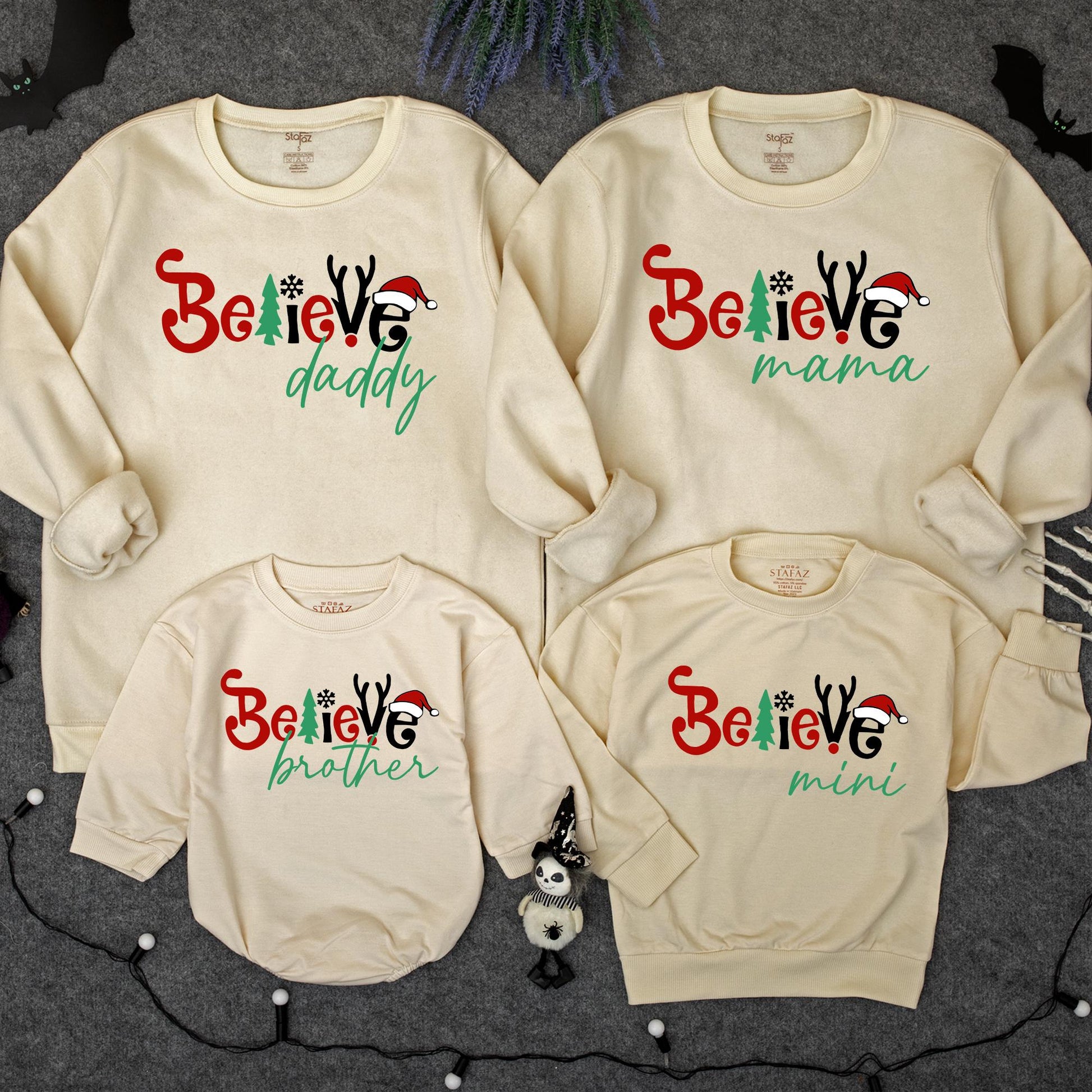 Matching Family Christmas Sweatshirts with 'Believe' for Mama Daddy Brother Mini, a festive retro holiday outfit set for family celebration