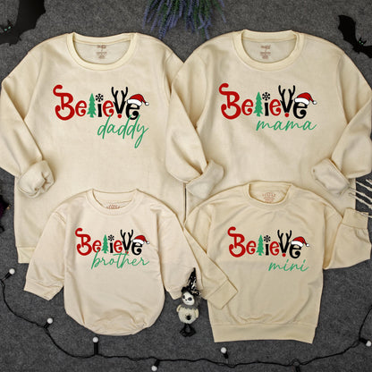 Matching Family Christmas Sweatshirts with 'Believe' for Mama Daddy Brother Mini, a festive retro holiday outfit set for family celebration