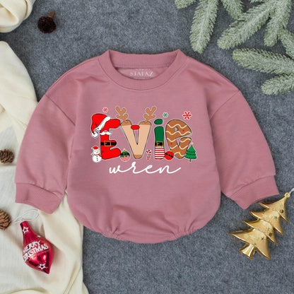 Evie Wren First Christmas Bubble Romper Personalized Baby Outfit Toddler Clothes Whimsical Holiday Red Green Brown Snowflake Gingerbread Elf Santa Design