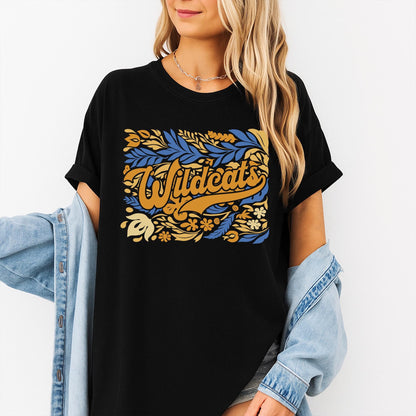 Wildcats Floral Mascot Shirt Custom Team Spirit Tee, Personalized School Colors Game Day Top, Cute Cursive Design, Football Cheer, Back to School Outfit (139)