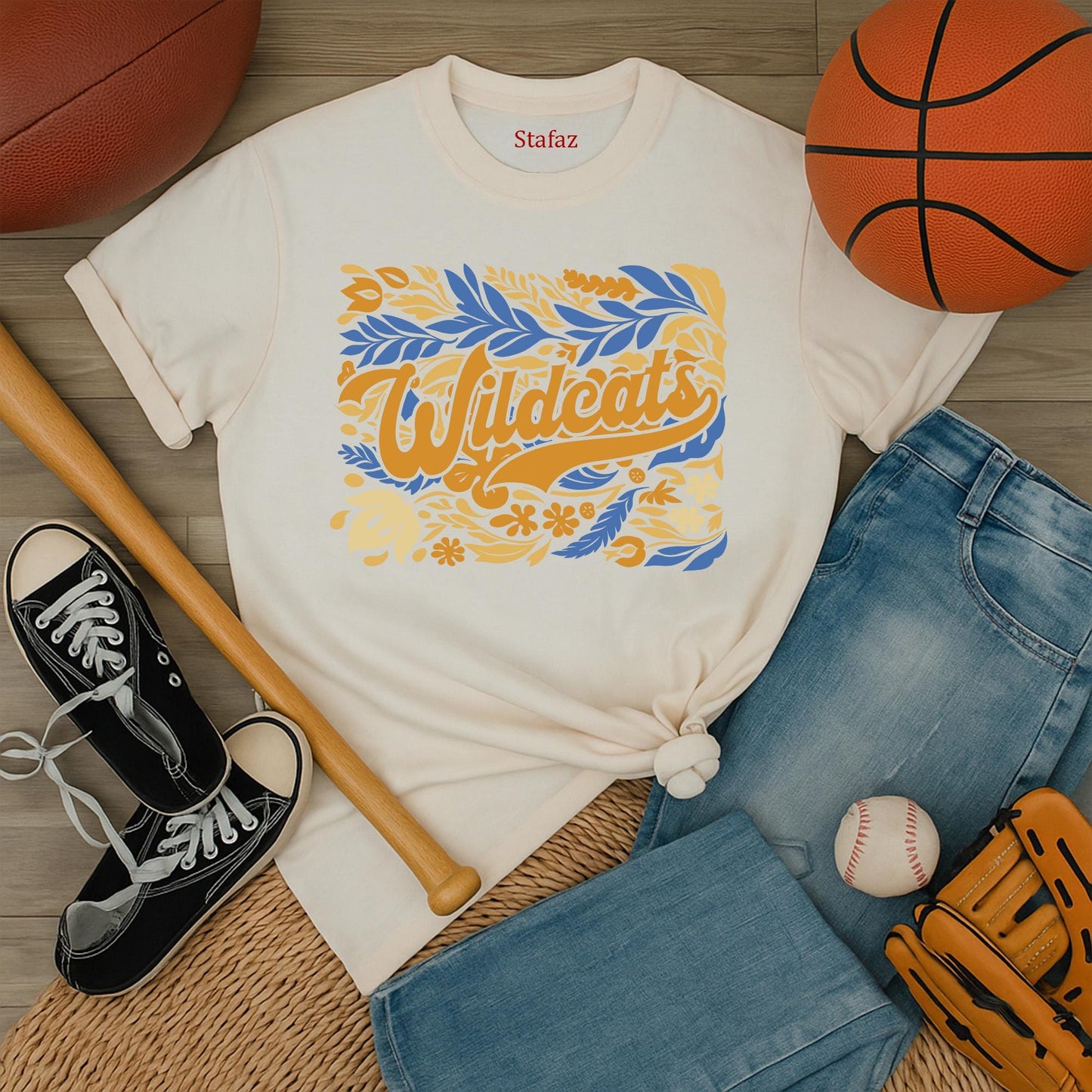 Wildcats Floral Mascot Shirt Custom Team Spirit Tee, Personalized School Colors Game Day Top, Cute Cursive Design, Football Cheer, Back to School Outfit (139)