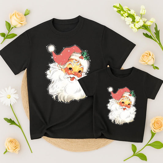 Mommy and Me Retro Santa Claus Christmas Shirt Sparkling Sequin Dot Vintage Holiday Family Matching Tees Red White Gold Green Festive Outfit