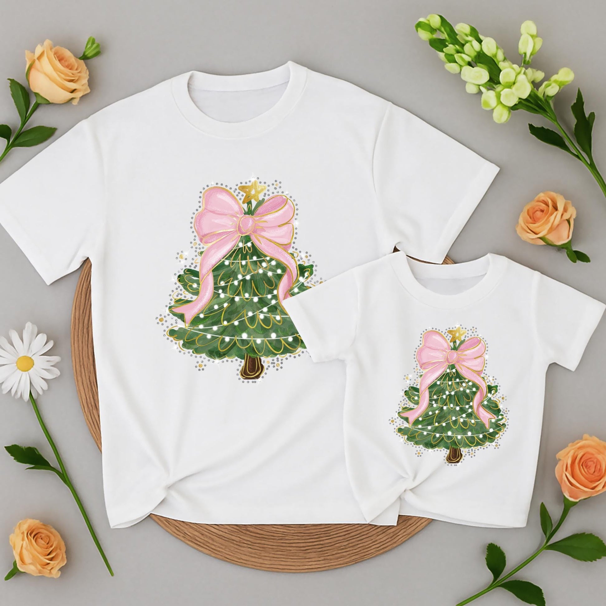 Matching Family Christmas Tree Shirt with Pink Bow & Sequin Outline | Cute Mommy and Me Holiday Outfits Green Christmas Tree T-Shirt for Women Festive