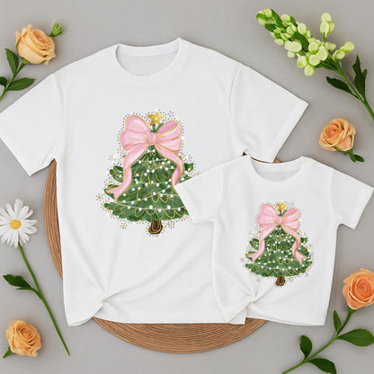 Matching Family Christmas Tree Shirt with Pink Bow & Sequin Outline | Cute Mommy and Me Holiday Outfits Green Christmas Tree T-Shirt for Women Festive