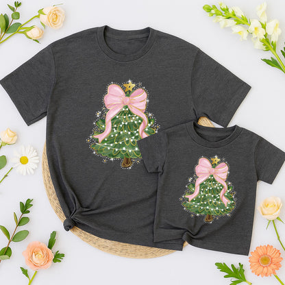 Matching Family Christmas Tree Shirt with Pink Bow & Sequin Outline | Cute Mommy and Me Holiday Outfits Green Christmas Tree T-Shirt for Women Festive