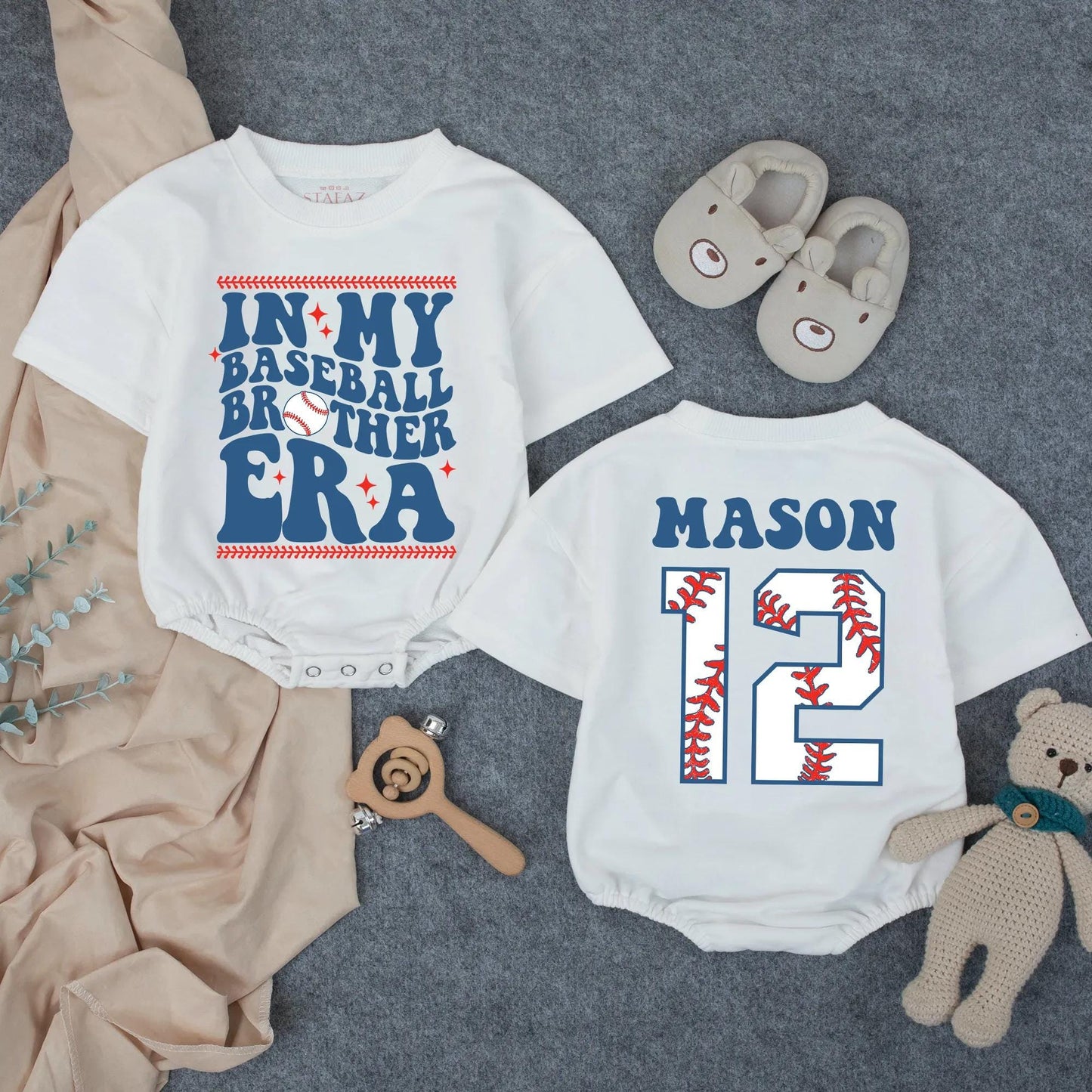 Custom Baseball Brother Era Bubble Romper, Personalized Mason Number 12 Outfit, Sporty Toddler Game Day Clothes, Baseball Stitch Details (138 chars)