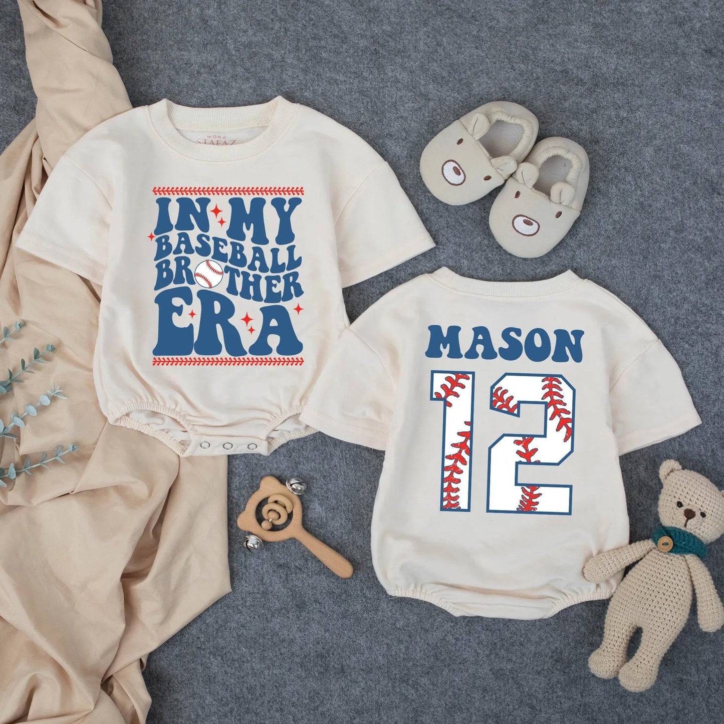 Custom Baseball Brother Era Bubble Romper, Personalized Mason Number 12 Outfit, Sporty Toddler Game Day Clothes, Baseball Stitch Details (138 chars)