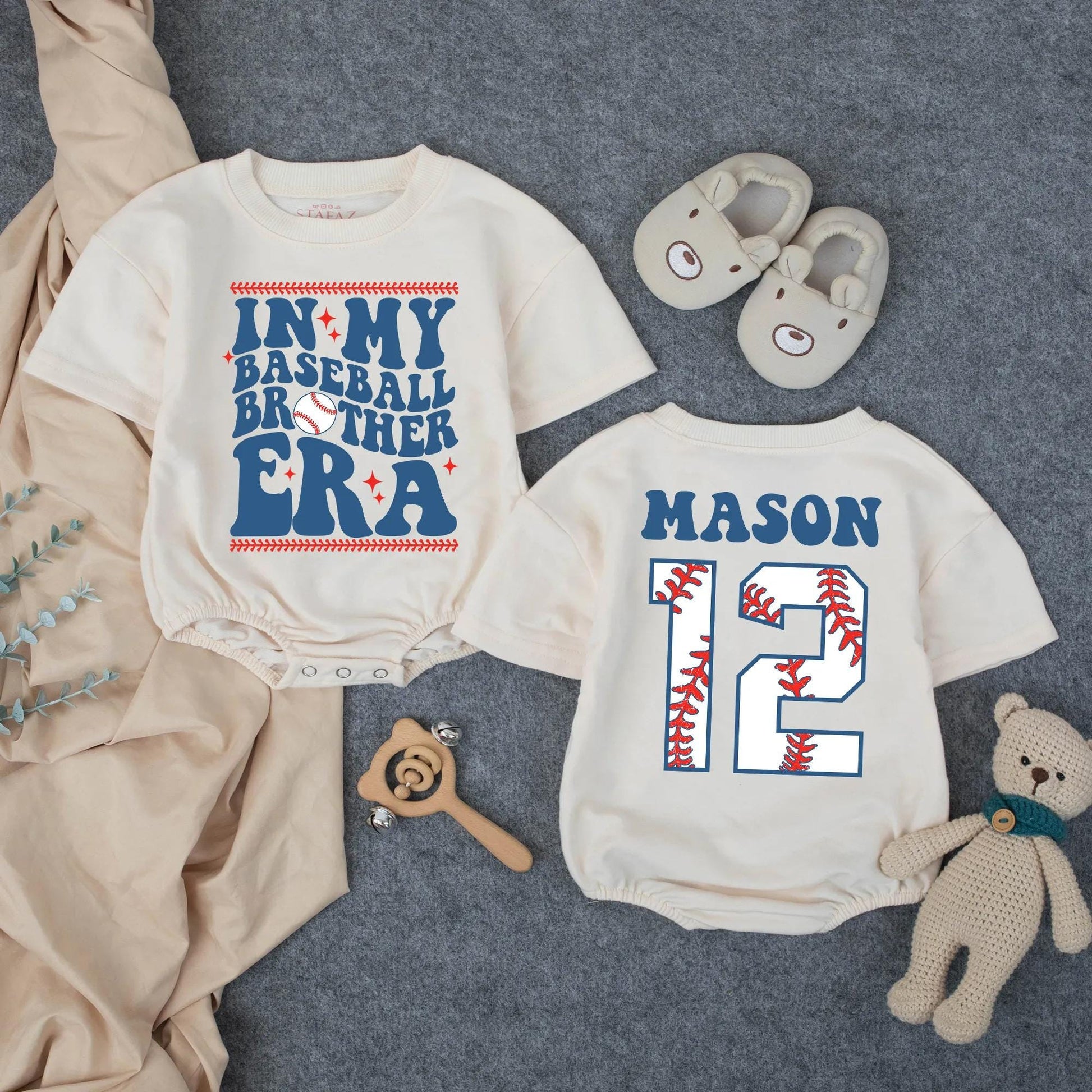 Custom Baseball Brother Era Bubble Romper, Personalized Mason Number 12 Outfit, Sporty Toddler Game Day Clothes, Baseball Stitch Details (138 chars)