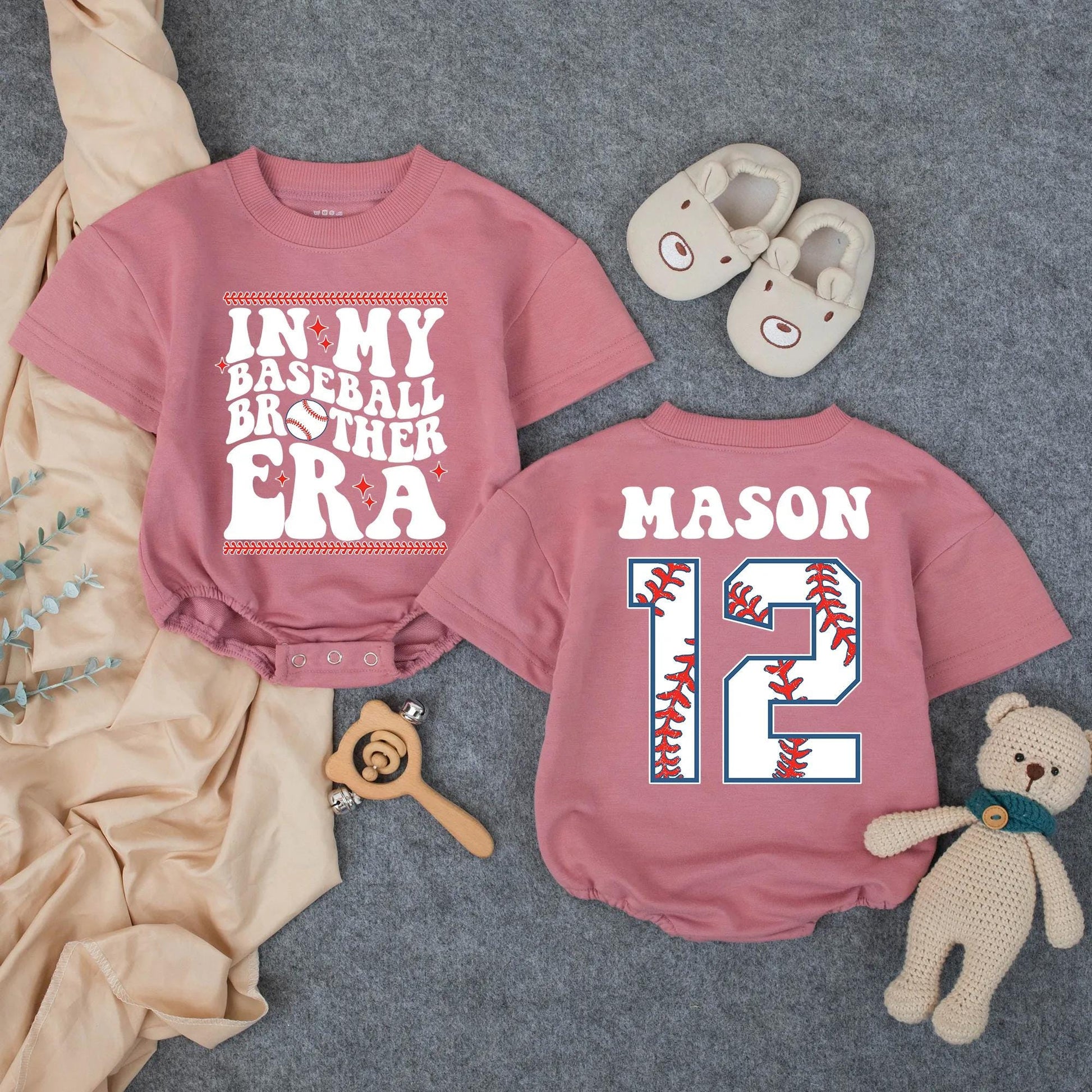 Custom Baseball Brother Era Bubble Romper, Personalized Mason Number 12 Outfit, Sporty Toddler Game Day Clothes, Baseball Stitch Details (138 chars)