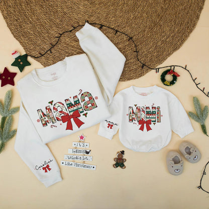 Festive Mama and Mini Matching Christmas Sweatshirt, Patchwork Holiday Mommy and Me Outfit, Cute Xmas Family Gift, Red Ribbon, Toddler Sweater 134