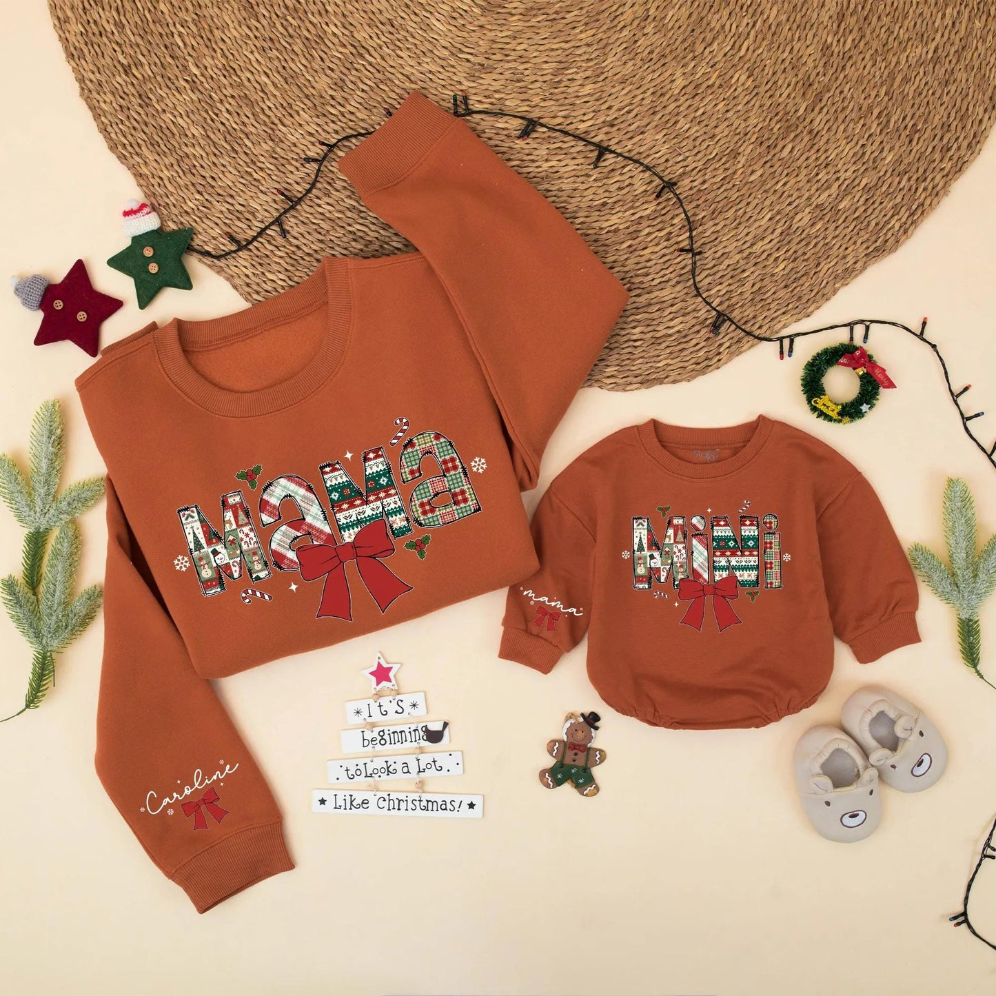 Festive Mama and Mini Matching Christmas Sweatshirt, Patchwork Holiday Mommy and Me Outfit, Cute Xmas Family Gift, Red Ribbon, Toddler Sweater 134
