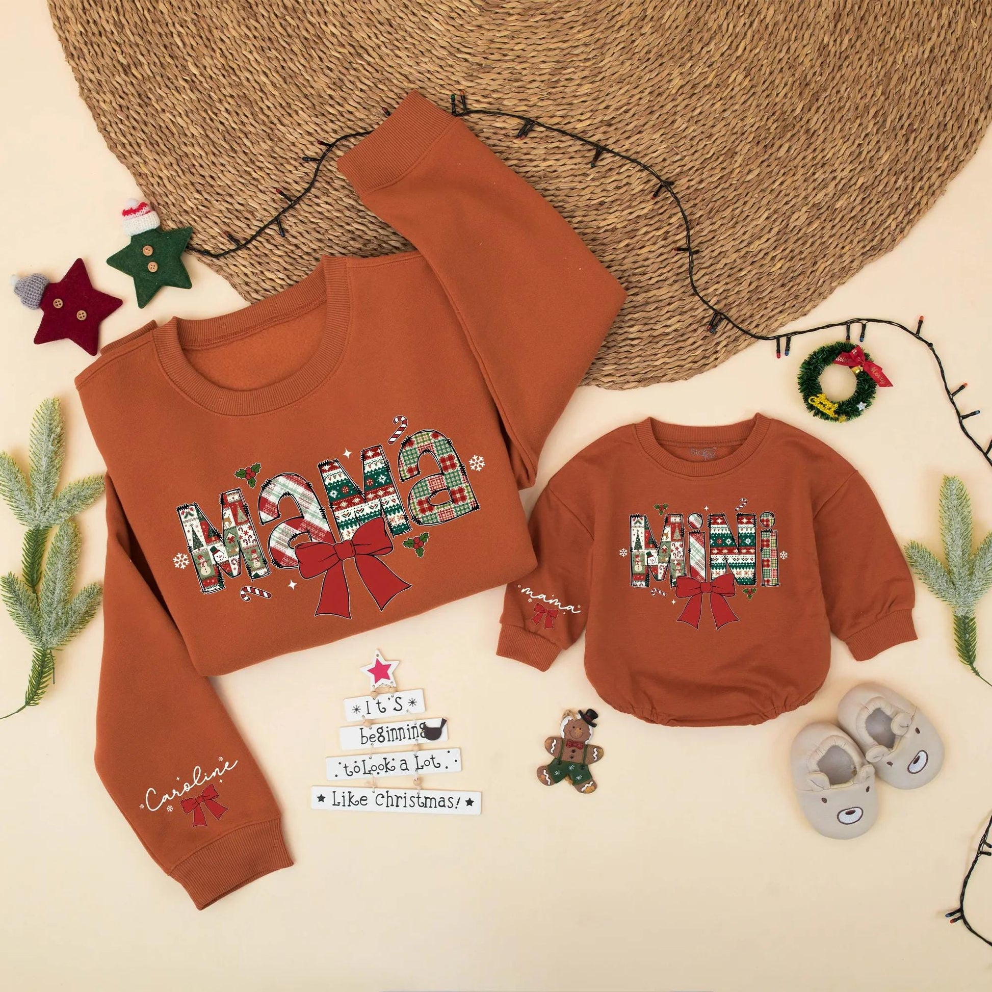 Festive Mama and Mini Matching Christmas Sweatshirt, Patchwork Holiday Mommy and Me Outfit, Cute Xmas Family Gift, Red Ribbon, Toddler Sweater 134