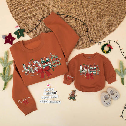 Festive Mama and Mini Matching Christmas Sweatshirt, Patchwork Holiday Mommy and Me Outfit, Cute Xmas Family Gift, Red Ribbon, Toddler Sweater 134