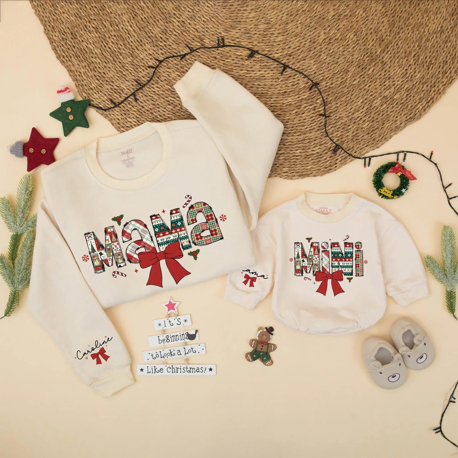 Festive Mama and Mini Matching Christmas Sweatshirt, Patchwork Holiday Mommy and Me Outfit, Cute Xmas Family Gift, Red Ribbon, Toddler Sweater 134