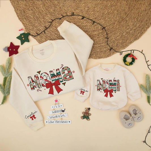 Festive Mama and Mini Matching Christmas Sweatshirt, Patchwork Holiday Mommy and Me Outfit, Cute Xmas Family Gift, Red Ribbon, Toddler Sweater 134