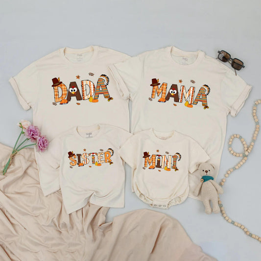 Custom Thanksgiving Family Shirts DADA MAMA SISTER MINI Fall Plaid Pumpkin Acorn Turkey Graphics Matching Outfits for Festive Parties