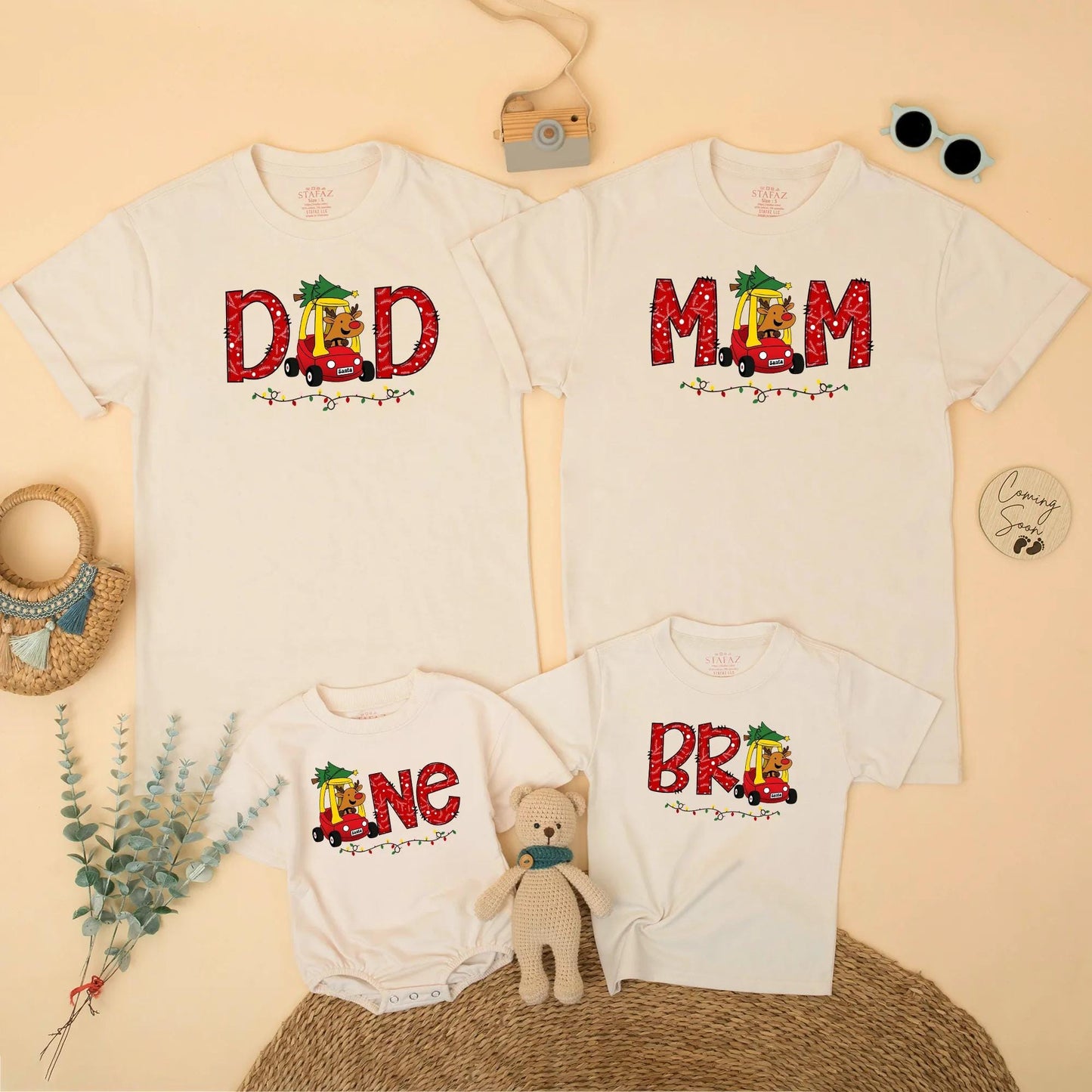 Personalized Christmas Family Matching 1st Birthday Shirt Reindeer Car & Lights Design Dad Mom Bro One Festive Winter Party Outfit Gift