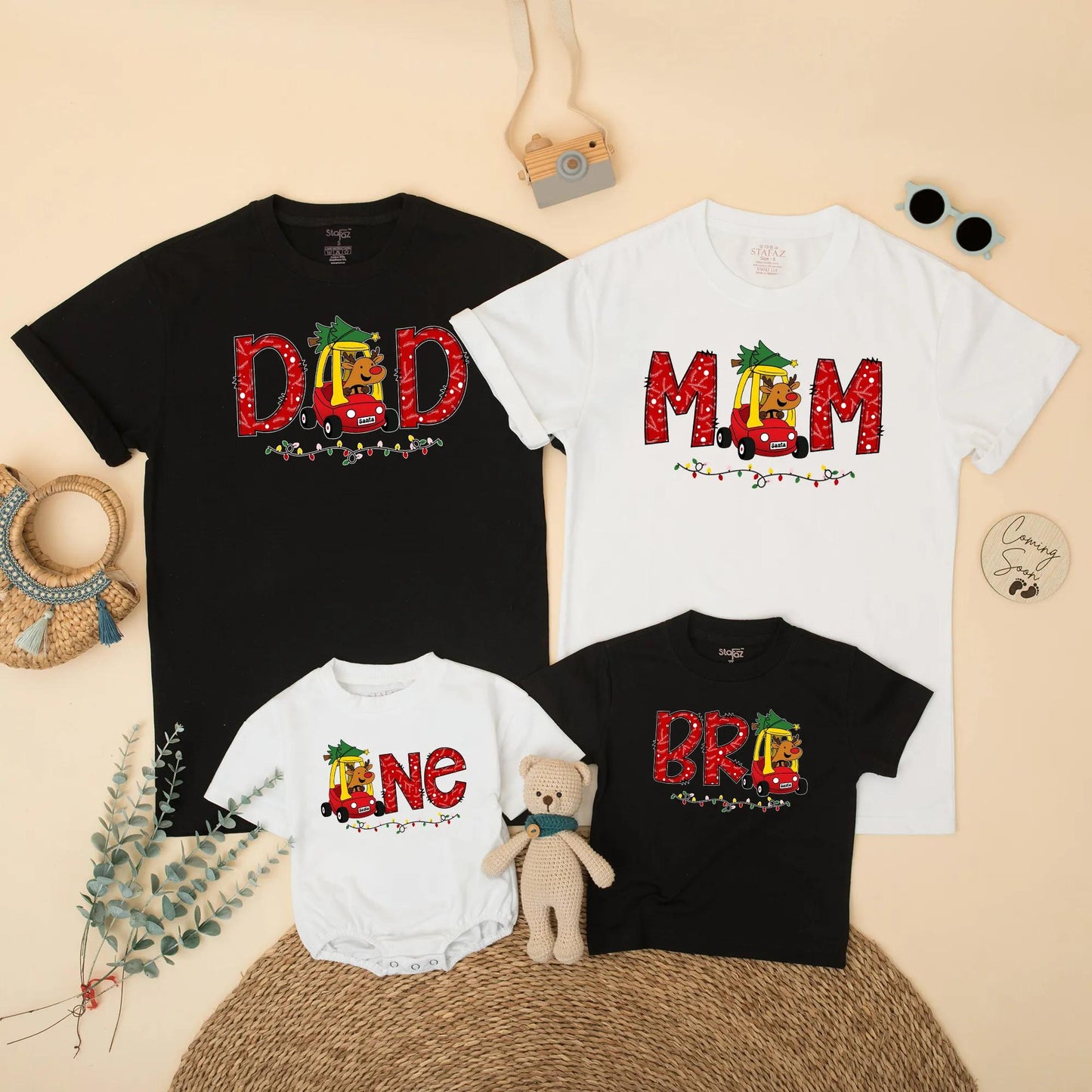 Personalized Christmas Family Matching 1st Birthday Shirt Reindeer Car & Lights Design Dad Mom Bro One Festive Winter Party Outfit Gift