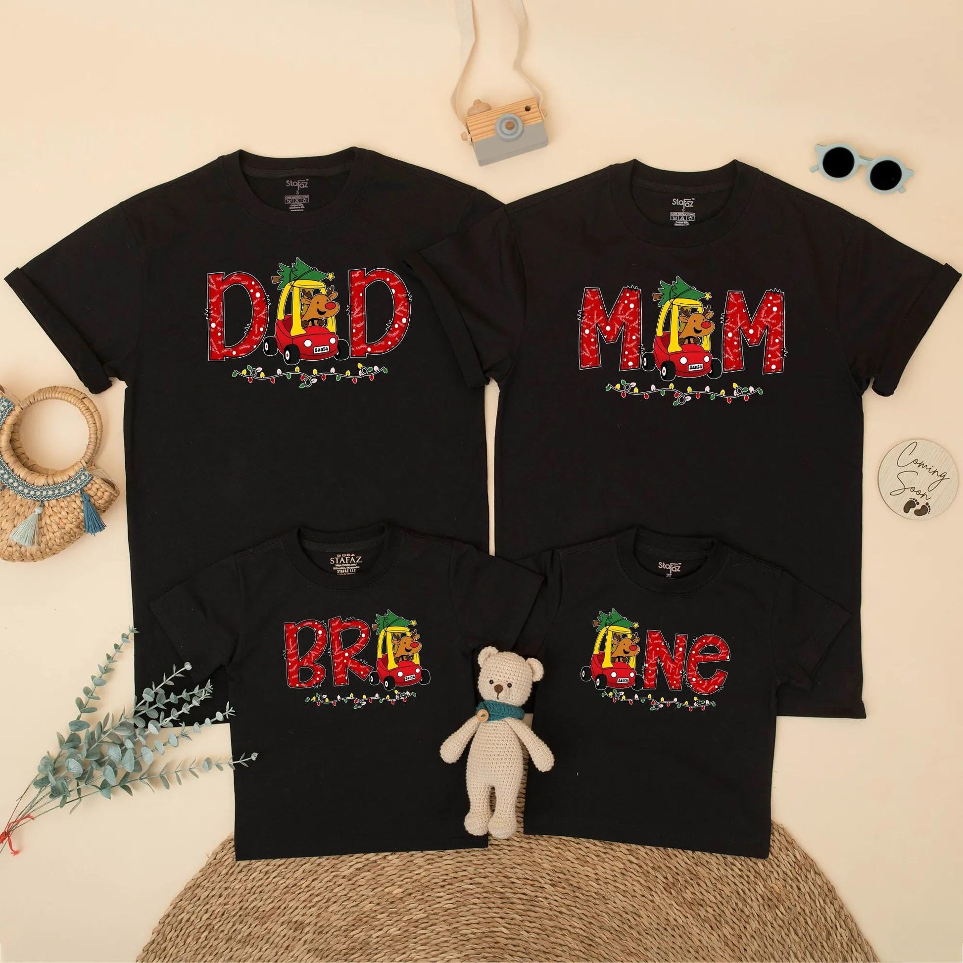 Personalized Christmas Family Matching 1st Birthday Shirt Reindeer Car & Lights Design Dad Mom Bro One Festive Winter Party Outfit Gift