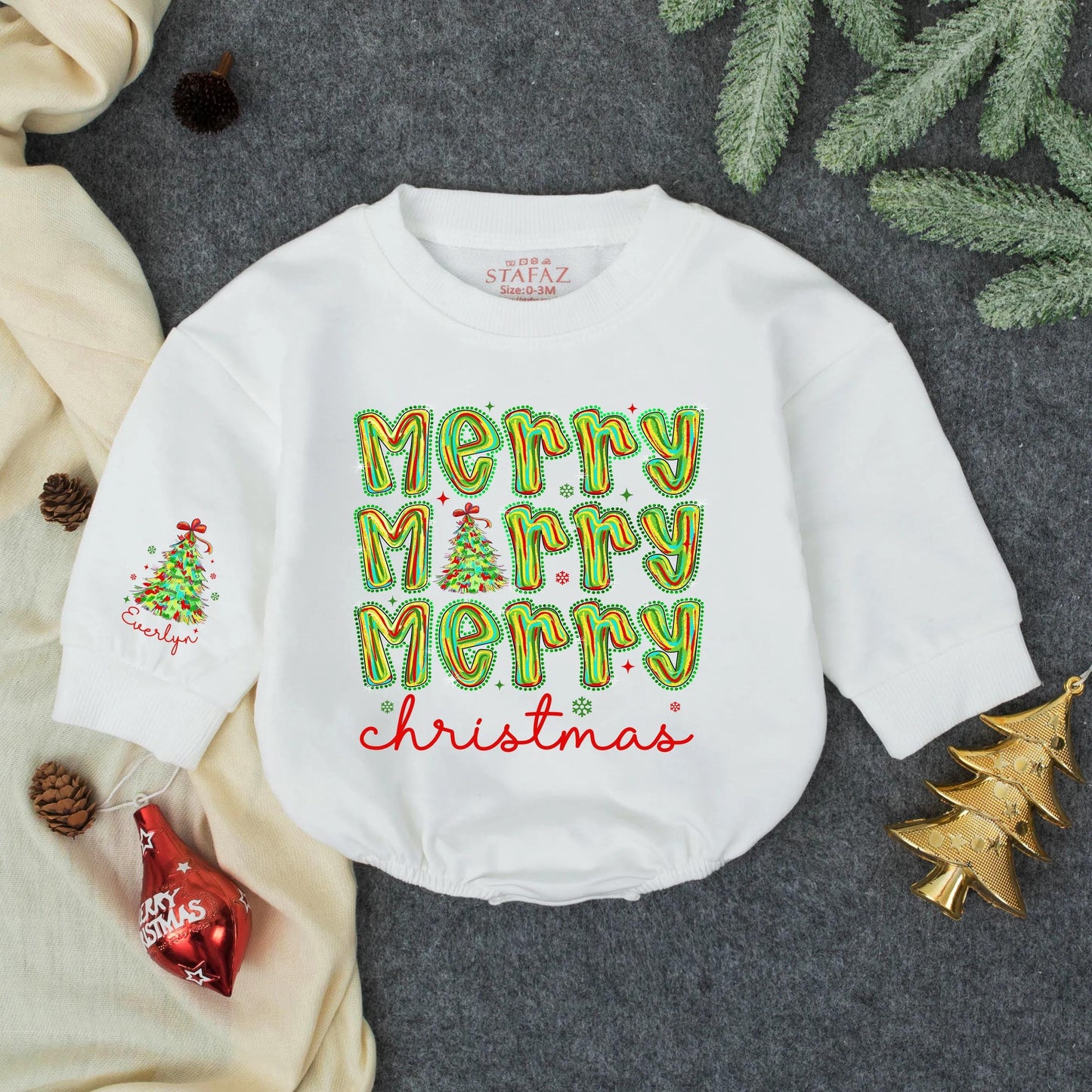 Personalized Baby Girl First Christmas Sequin Bubble Romper Colorful Merry Everly Tree Whimsical Holiday Outfit Toddler Winter Gift