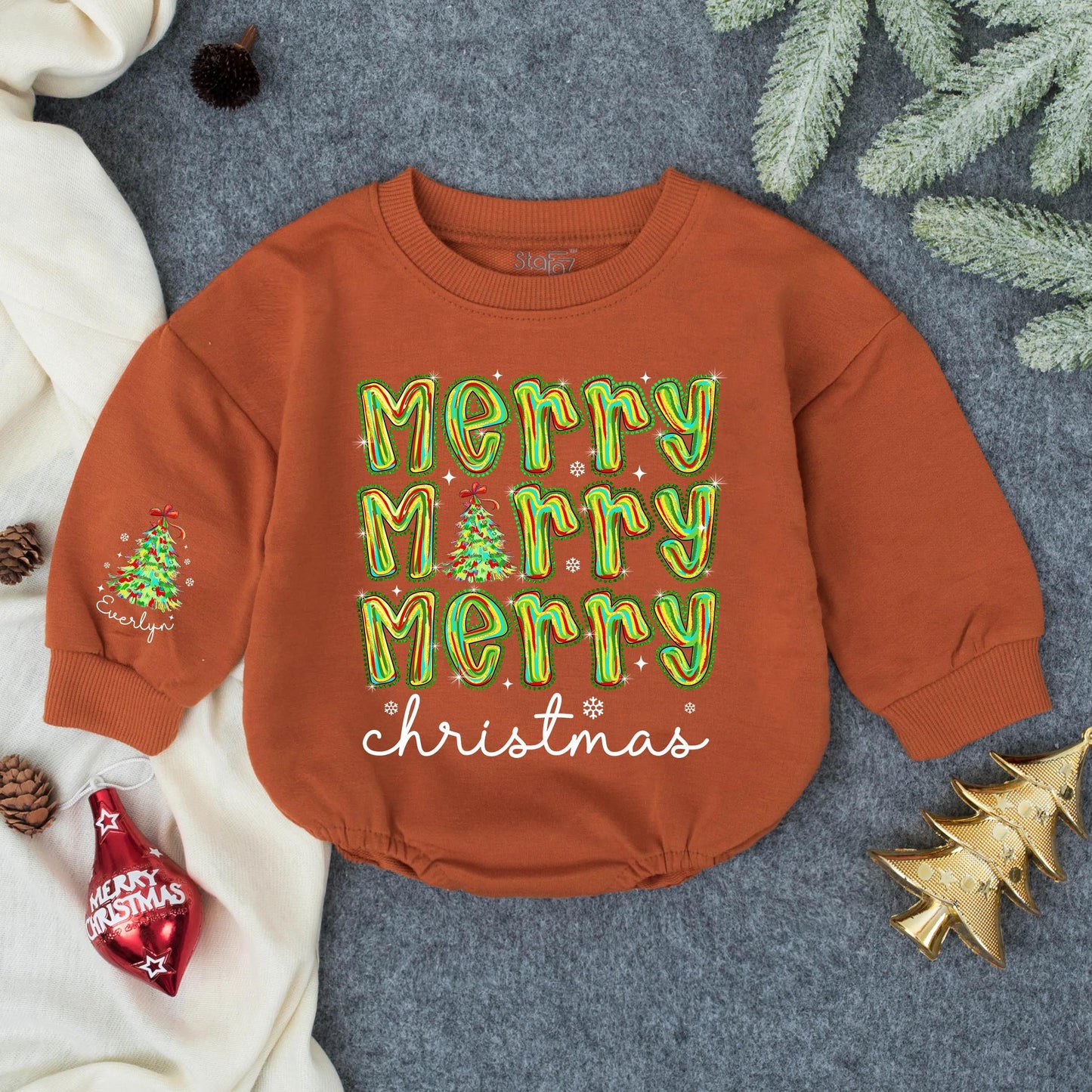 Personalized Baby Girl First Christmas Sequin Bubble Romper Colorful Merry Everly Tree Whimsical Holiday Outfit Toddler Winter Gift