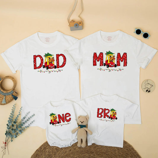 Personalized Christmas Family Matching 1st Birthday Shirt Reindeer Car & Lights Design Dad Mom Bro One Festive Winter Party Outfit Gift