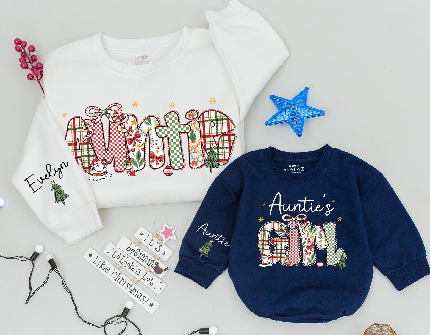 Auntie & Girl Matching Christmas Sweatshirts: Festive Holiday Outfits with Plaid & Bow Lettering, Personalized Aunt & Niece 'Tis the Season Sweaters
