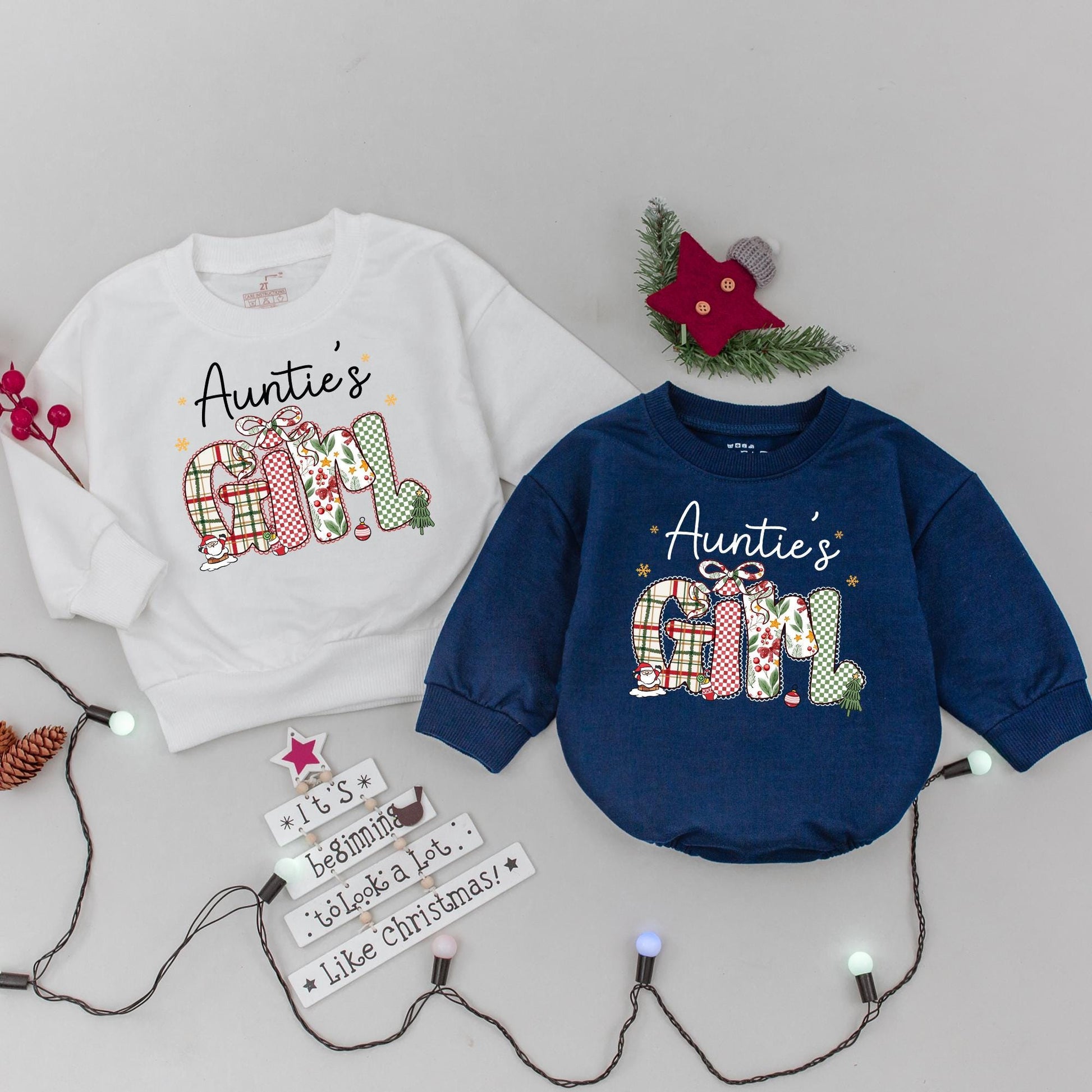 Auntie & Girl Matching Christmas Sweatshirts: Festive Holiday Outfits with Plaid & Bow Lettering, Personalized Aunt & Niece 'Tis the Season Sweaters