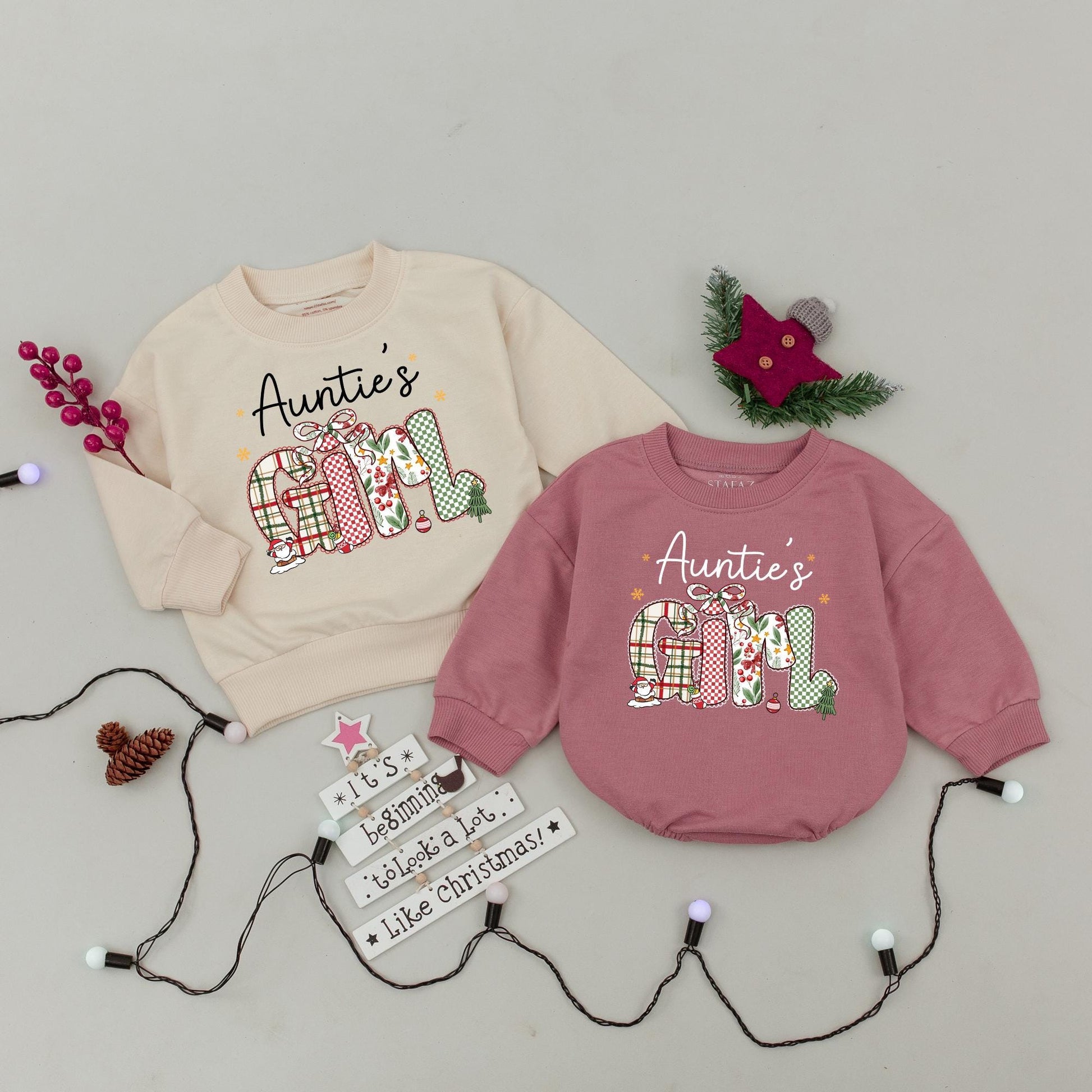 Auntie & Girl Matching Christmas Sweatshirts: Festive Holiday Outfits with Plaid & Bow Lettering, Personalized Aunt & Niece 'Tis the Season Sweaters
