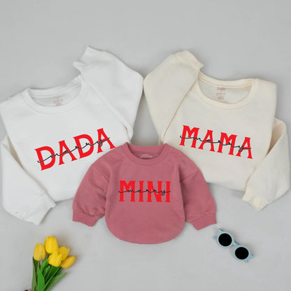 Merry Family Christmas Sweatshirts Dada Mama Mini Matching Red Block Font Script Merry Holiday Apparel