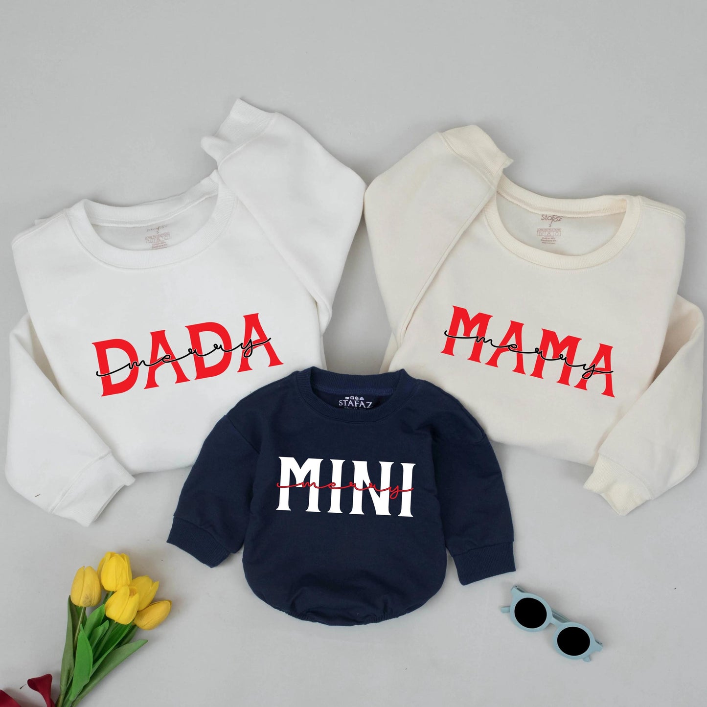 Merry Family Christmas Sweatshirts Dada Mama Mini Matching Red Block Font Script Merry Holiday Apparel