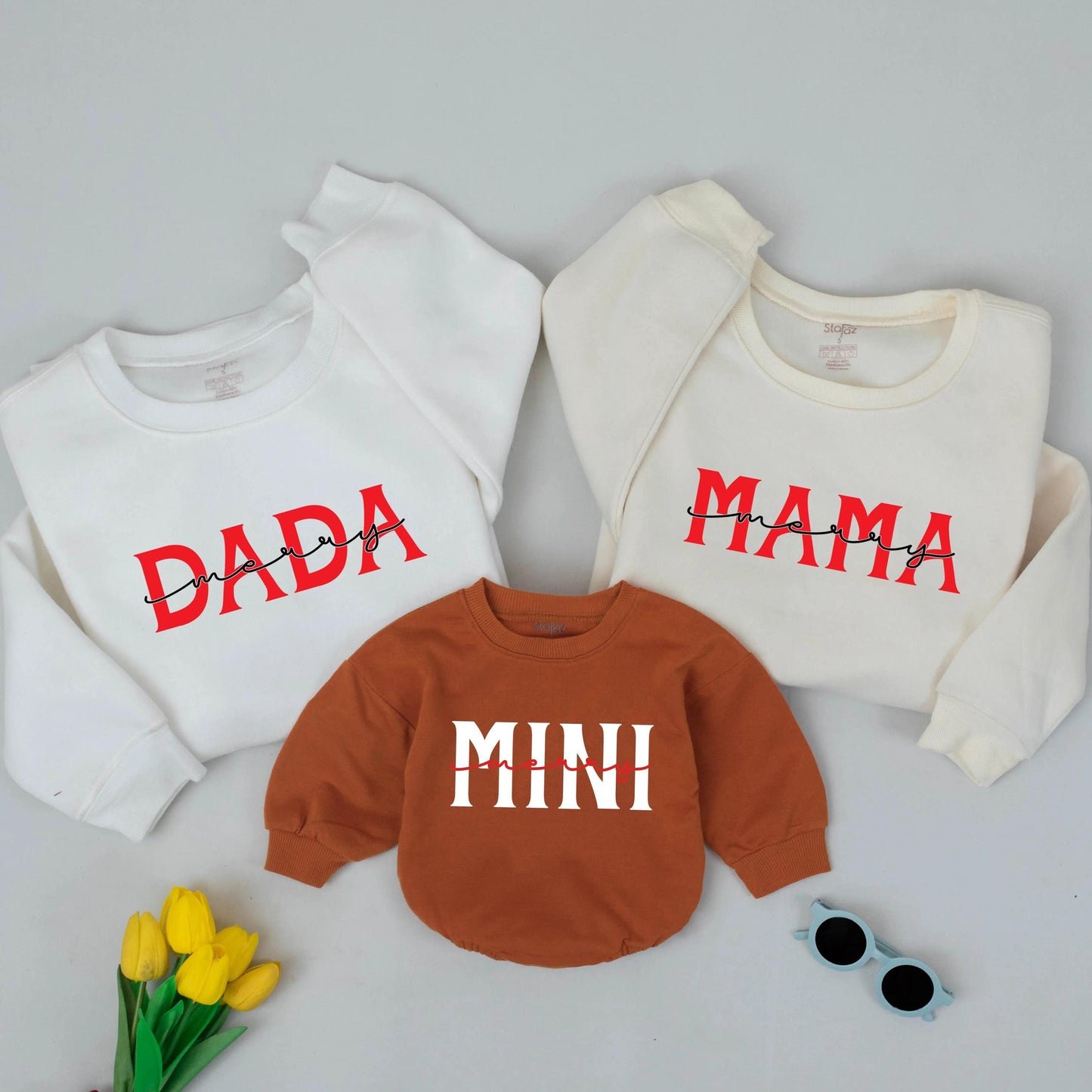 Merry Family Christmas Sweatshirts Dada Mama Mini Matching Red Block Font Script Merry Holiday Apparel