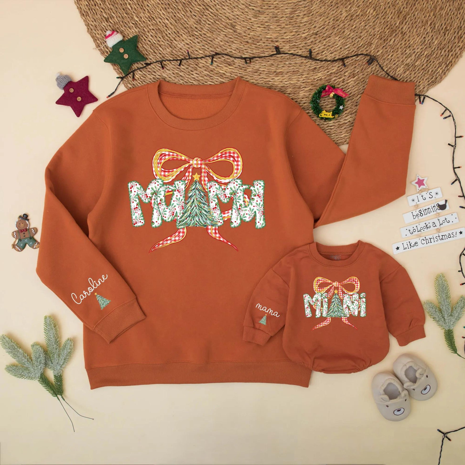 Mama and Mini Matching Christmas Sweatshirt Set Red Gingham Bow Outfit Holiday Berries Personalized Gift Cute Family Christmas Tree Design 138