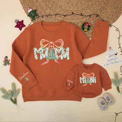 Mama and Mini Matching Christmas Sweatshirt Set Red Gingham Bow Outfit Holiday Berries Personalized Gift Cute Family Christmas Tree Design 138