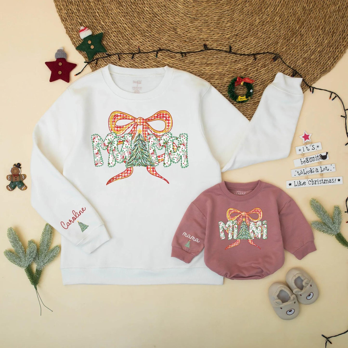 Mama and Mini Matching Christmas Sweatshirt Set Red Gingham Bow Outfit Holiday Berries Personalized Gift Cute Family Christmas Tree Design 138