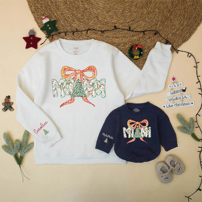 Mama and Mini Matching Christmas Sweatshirt Set Red Gingham Bow Outfit Holiday Berries Personalized Gift Cute Family Christmas Tree Design 138