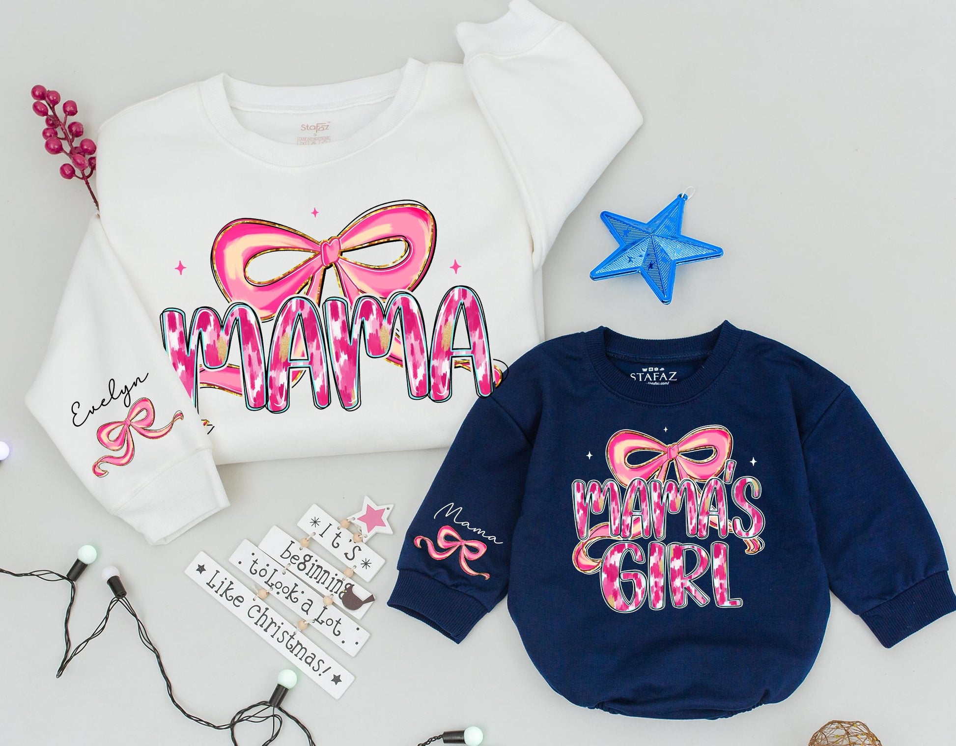 Mama and Mama's Girl Matching Pink Bow Sweatshirts with Ikat Gold Accents for Custom Mother Daughter Girly Mothers Day Gift Whimsical Modern Playful