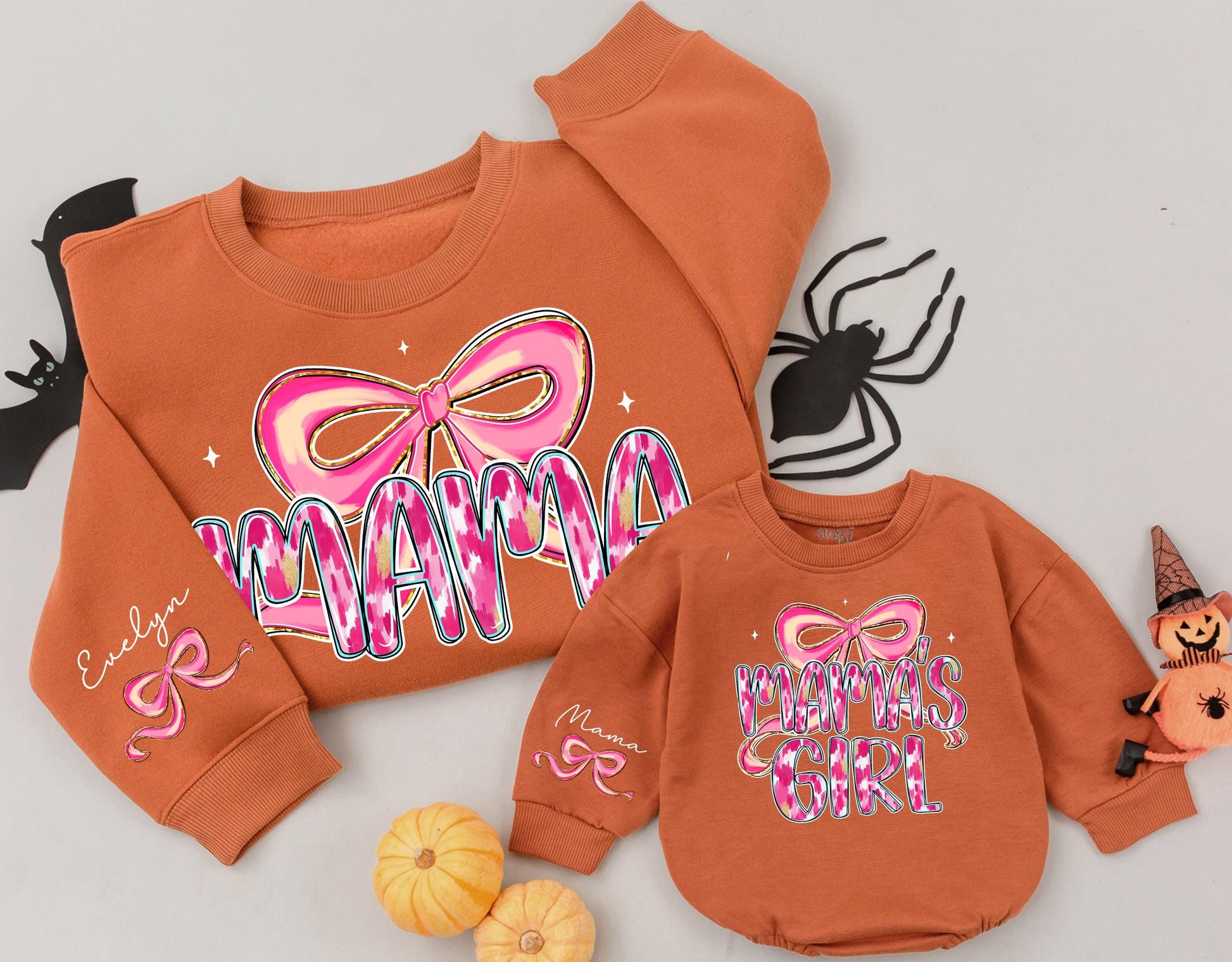 Mama and Mama's Girl Matching Pink Bow Sweatshirts with Ikat Gold Accents for Custom Mother Daughter Girly Mothers Day Gift Whimsical Modern Playful