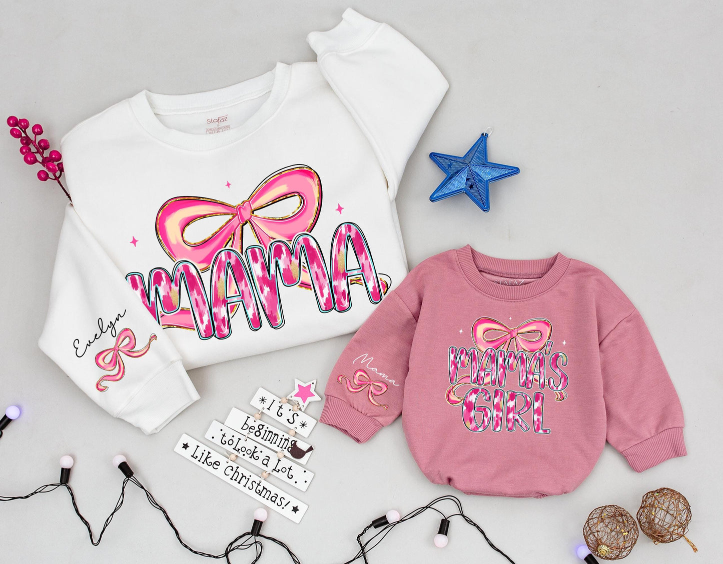 Mama and Mama's Girl Matching Pink Bow Sweatshirts with Ikat Gold Accents for Custom Mother Daughter Girly Mothers Day Gift Whimsical Modern Playful