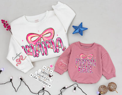 Mama and Mama's Girl Matching Pink Bow Sweatshirts with Ikat Gold Accents for Custom Mother Daughter Girly Mothers Day Gift Whimsical Modern Playful