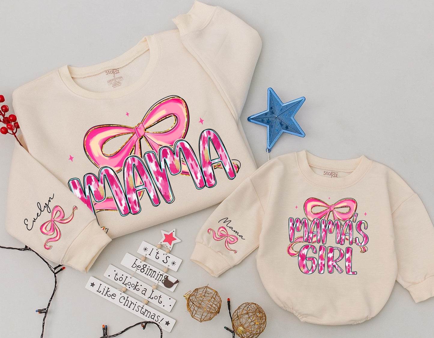 Mama and Mama's Girl Matching Pink Bow Sweatshirts with Ikat Gold Accents for Custom Mother Daughter Girly Mothers Day Gift Whimsical Modern Playful
