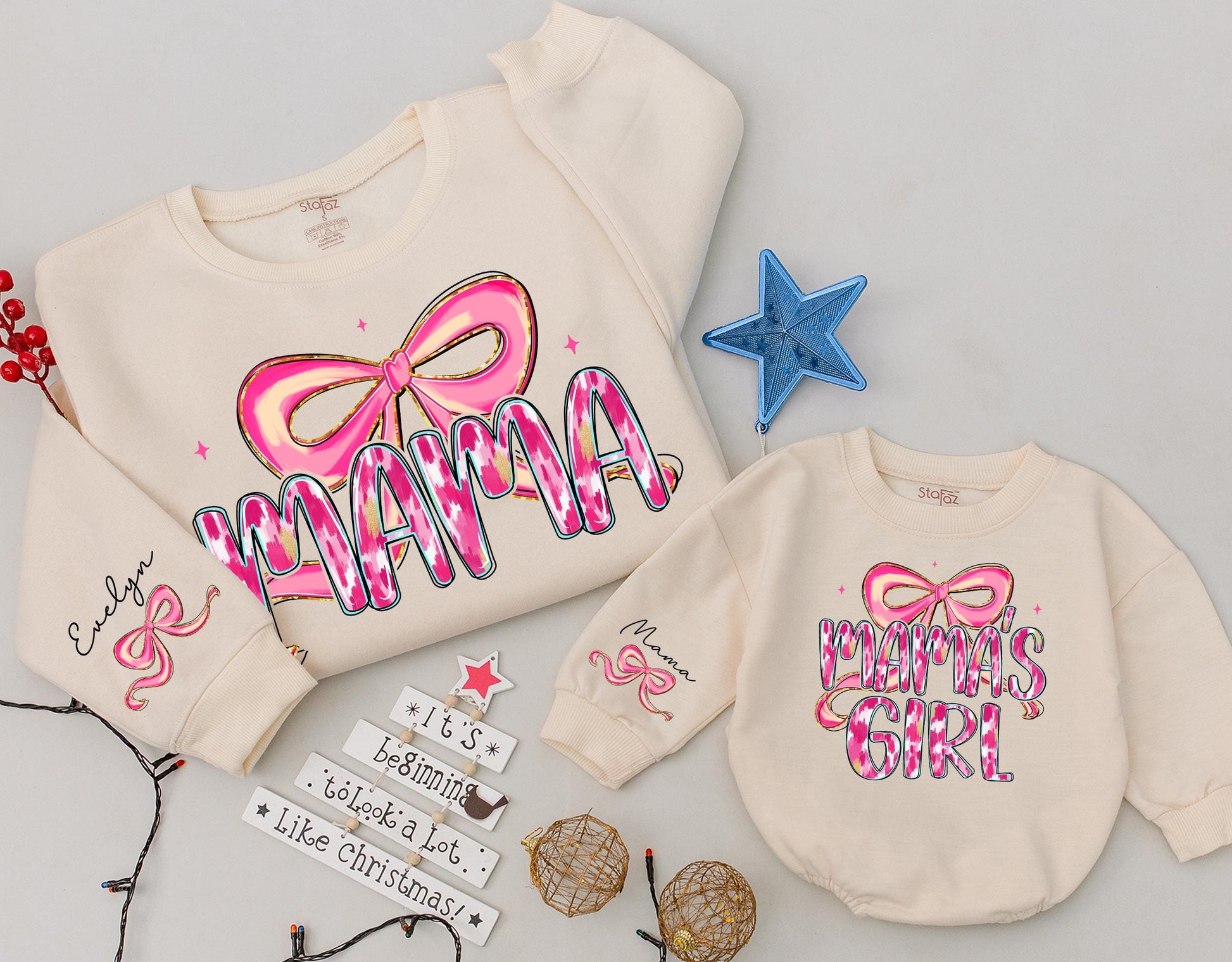 Mama and Mama's Girl Matching Pink Bow Sweatshirts with Ikat Gold Accents for Custom Mother Daughter Girly Mothers Day Gift Whimsical Modern Playful