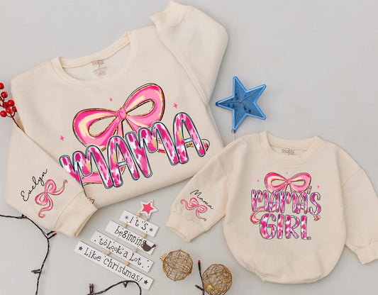 Mama and Mama's Girl Matching Pink Bow Sweatshirts with Ikat Gold Accents for Custom Mother Daughter Girly Mothers Day Gift Whimsical Modern Playful